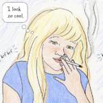 Young Lynn, in full color, looks at herself in an oval-shaped mirror, smoking a cigarette. Her head is tilted slightly to the side and she is smiling with her lips puffed out a bit. She thinks to herself, "I look so cool."